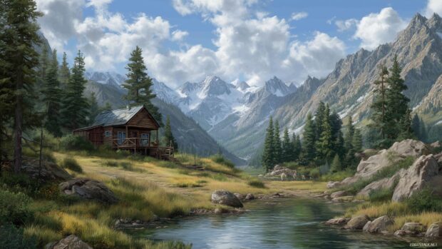 Mountain cabin wallpapers, A picturesque mountain cabin that blends seamlessly with the surrounding landscape.