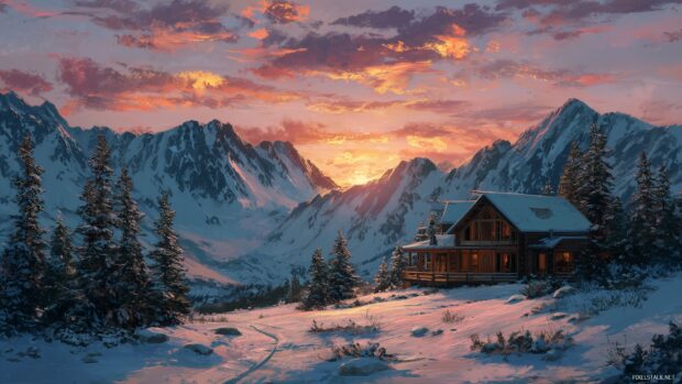 Mountain cabin wallpapers, A stunning mountain cabin with a backdrop of snow capped peaks during sunset.
