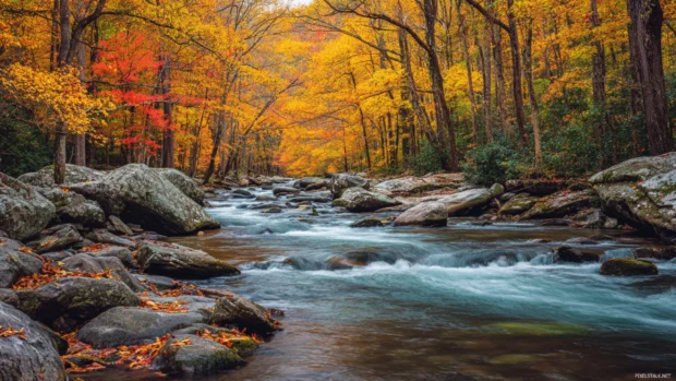 Mountain streams weaving through bright Fall foliage, with rocks and fallen leaves scattered along the banks.
