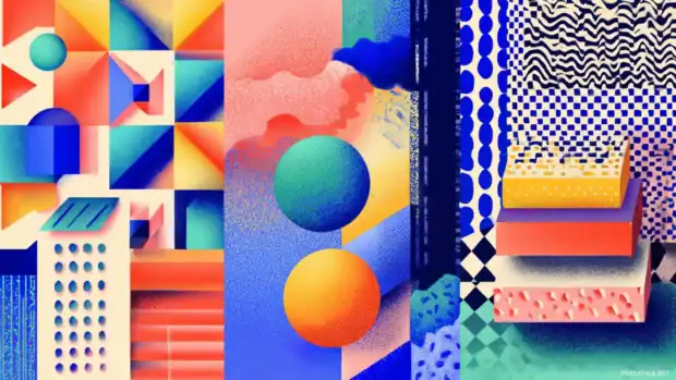 Moving sensation illustrated through layered geometric patterns, shifting forms, and a rhythmic visual flow.