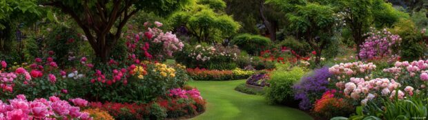 Multi Monitor Backgrounds, A beautifully arranged garden scene filled with blooming flowers and greenery spread across multiple monitors.