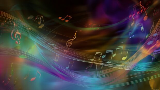 Music Backgrounds, A serene blend of musical notes and vibrant colors swirling around, creating a sense of rhythm and movement.