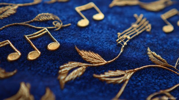 Music note desktop backgrounds, A sophisticated arrangement of golden music notes on a rich blue velvet background, exuding elegance and luxury.