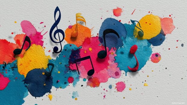 Music note wallpapers, A captivating fusion of watercolor splashes and music notes, celebrating artistic expression in a lively composition.