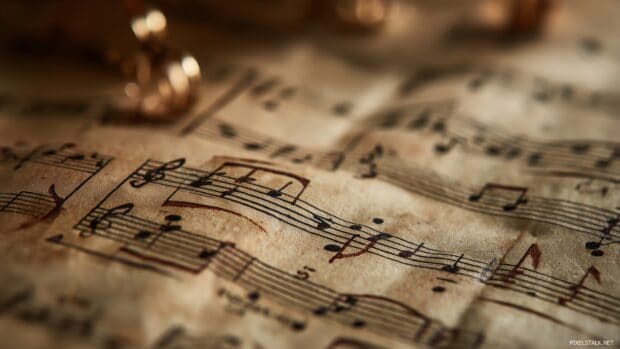 Music note wallpapers for PC, A calm scene of vintage music notes delicately arranged over old sheet music, delivering a nostalgic touch.