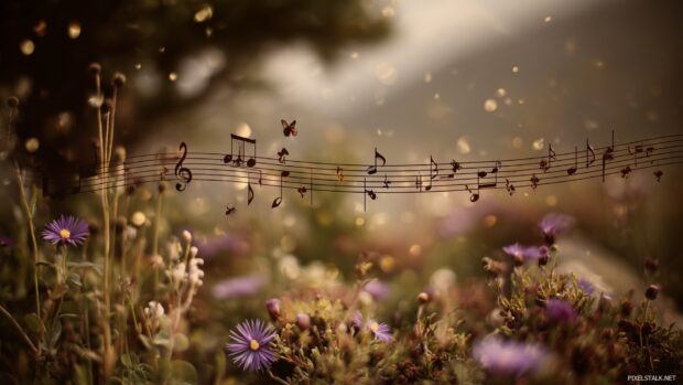 Music note wallpapers for PC, A serene landscape of music notes blending harmoniously with nature elements like flowers and trees, encapsulating tranquility.