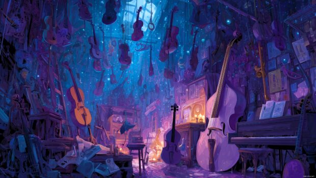 Musical Wallpapers, A detailed acoustic space filled with floating instruments, surrounded by a spectral light that enhances the music vibe.