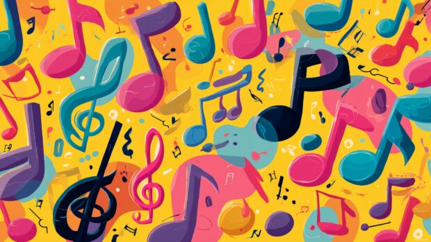 Musical Wallpapers, A playful arrangement of cartoon musical notes and symbols dancing around in bright and cheerful colors.