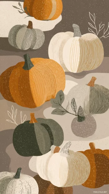 Muted fall colors paired with cute pumpkin outlines and calm background details.