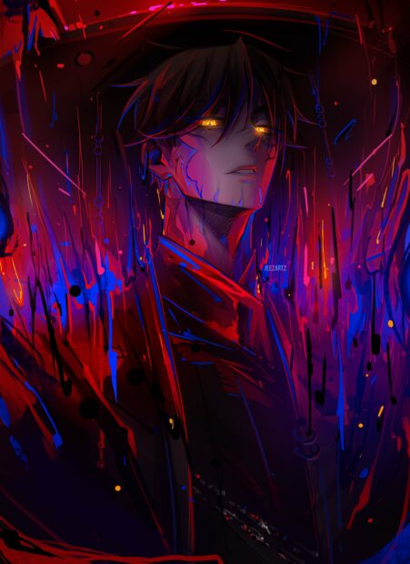 Mysterious Anime Character in Vibrant Red and Blue Art Wallpaper.