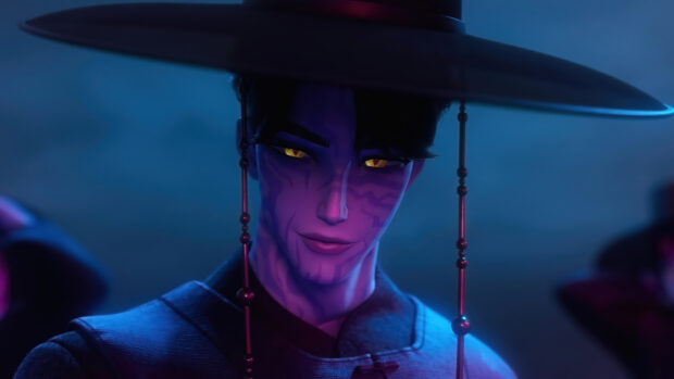 Mysterious Jinu Character Art in Blue and Purple Tones.