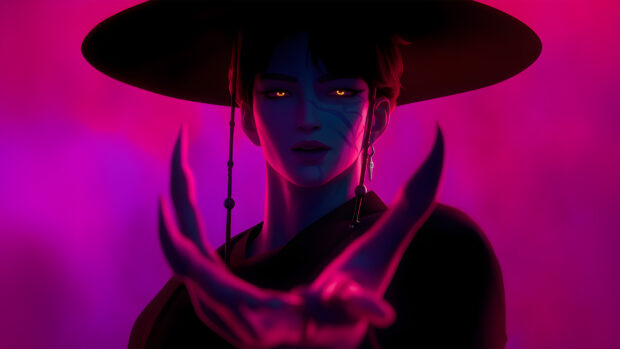 Mystical Jinu Wallpaper with Dark Hat and Glowing Eyes.