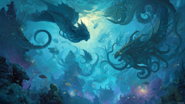 Mystical Underwater Wallpaper Fantasy featuring mythical sea creatures.
