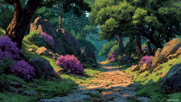 Mystical enchanted forests highlighted in vibrant anime backgrounds 1080p.
