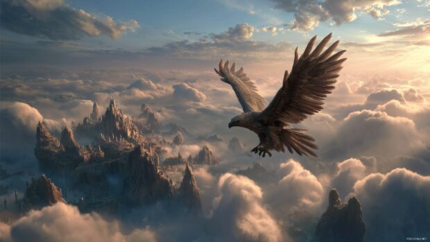 Mythical creature wallpaper for desktop, A stunning griffin soaring through the clouds, with a panoramic view of a mythical kingdom below, bathed in sunlight.
