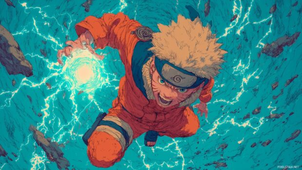 Naruto Action Wallpaper, A high octane visual of Naruto unleashing a powerful Rasengan, with energy radiating throughout the scene.