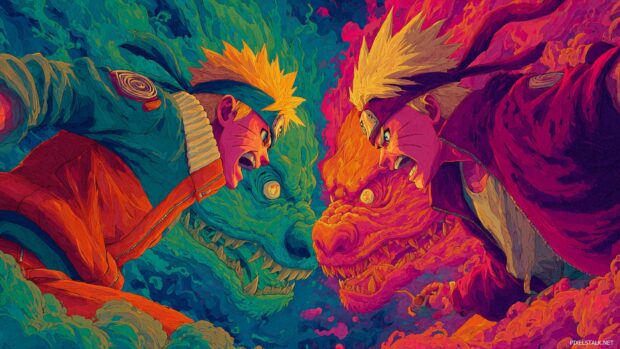 Naruto Anime Wallpaper, An artistic representation of Naruto battling against a formidable foe, with vivid colors and exaggerated expressions.