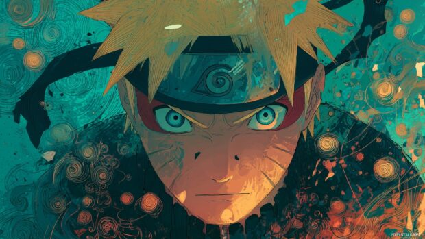 Naruto Character Wallpaper, A high resolution portrait of Naruto with a determined gaze, surrounded by swirling elements that represent his abilities.
