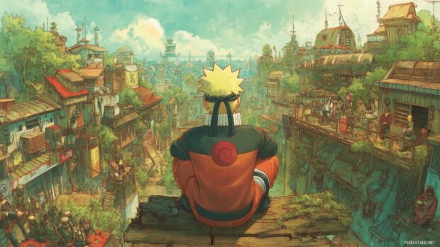 Naruto Desktop Wallpaper, An atmospheric scene showcasing Naruto determination, surrounded by his iconic friends in a detailed village setting.
