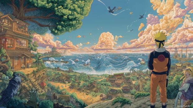 Naruto Journey Wallpaper, A picturesque view of Naruto evolution depicted through a timeline mural in a vibrant style.