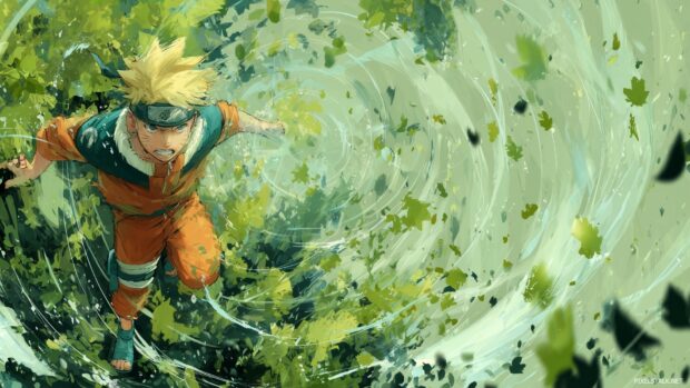 Naruto Training Wallpaper, A dynamic shot of Naruto in the midst of training with intense focus, surrounded by swirling leaves and energy.