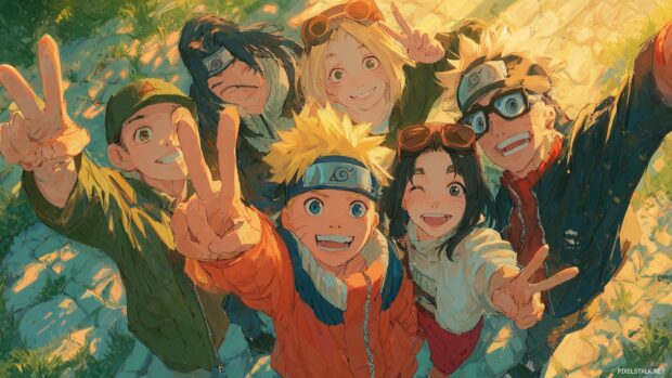 Naruto and Friends Wallpaper, A cheerful gathering of Naruto with his companions in a bright and joyous setting, emphasizing their bonds and teamwork.