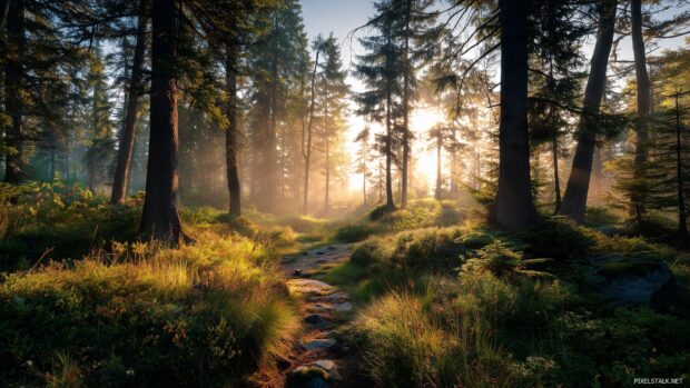 Nature awesome wallpaper desktop hd depicting a tranquil forest at sunrise.