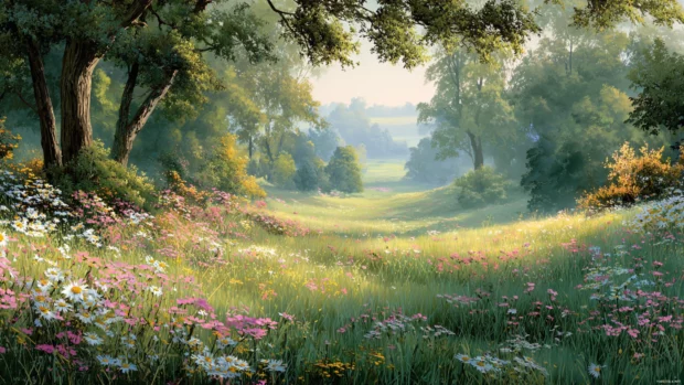 Nature backgrounds for desktop displaying a lush meadow filled with wildflowers, bathed in gentle sunlight, inviting a sense of peace.