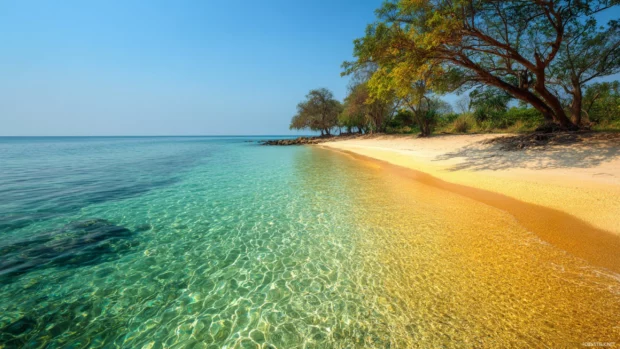 Nature beautiful backgrounds for PC displaying a peaceful beach scene with crystal clear waters and golden sand, inviting relaxation and escape.