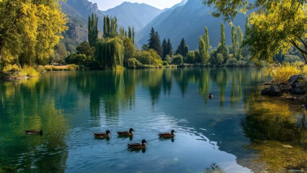 Nature bird wallpapers hd, A peaceful lakeside view with realistic ducks and other water birds swimming gracefully, set against a backdrop of mountains and tall trees.