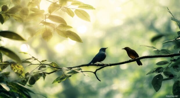 Nature bird wallpapers hd, A tranquil setting featuring realistic birds in their natural habitat, with a serene forest backdrop illuminated by soft sunlight filtering through the leaves.