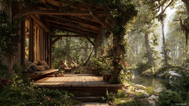 Nature cabin wallpapers, A cabin immersed in nature with lush greenery and wildlife nearby.