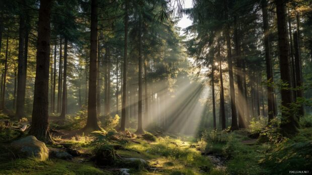 Nature computer backgrounds hd, A tranquil forest scene with sun rays streaming through tall trees.