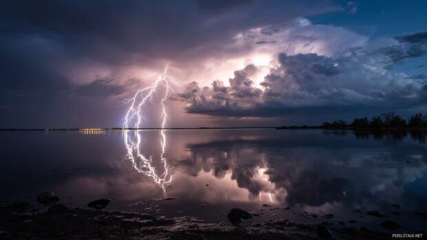Nature electric spectacle, A thundering lightning storm over a calm lake, reflections shimmering while lightning strikes nearby.