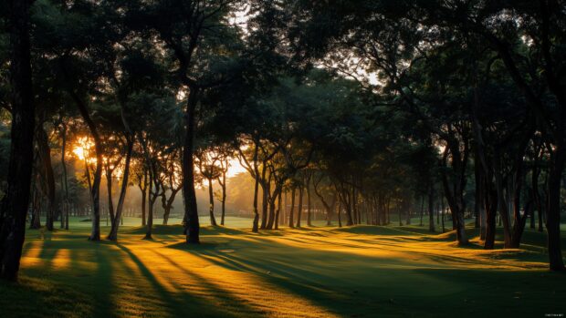 Nature golf wallpapers, A peaceful golf course at dusk with warm sunlight filtering through tall trees, creating shadows on the grass.