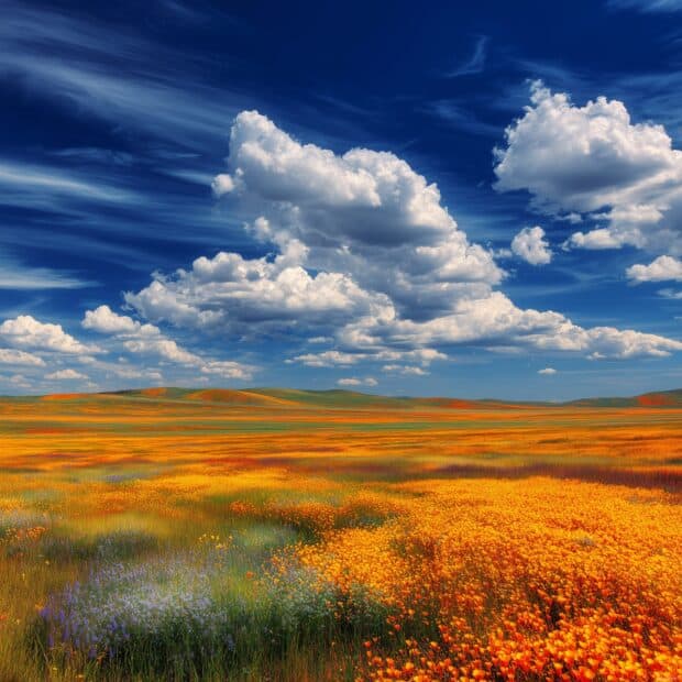 Nature iPad backgrounds, A breathtaking view of wildflower fields under a blue sky.