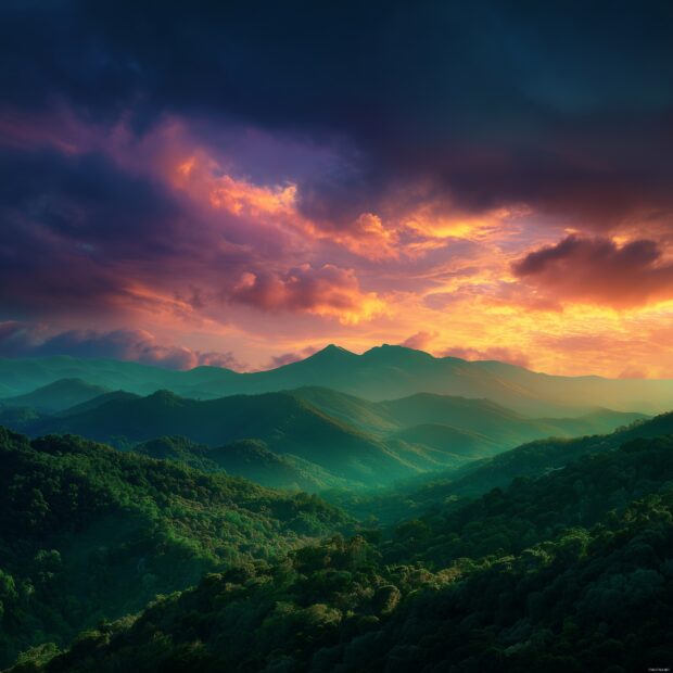 Nature iPad backgrounds, Lush green mountains under a vibrant sunset sky.