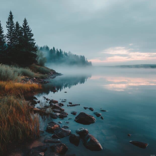 Nature iPad backgrounds, Tranquil lakeside view with mist rising at dawn.