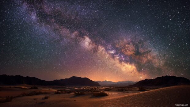 Nature inspired starry night wallpapers hd featuring a desert scene with a brilliant night sky.