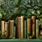 Nature library wallpaper showcasing books nestled among lush greenery, creating a peaceful study environment