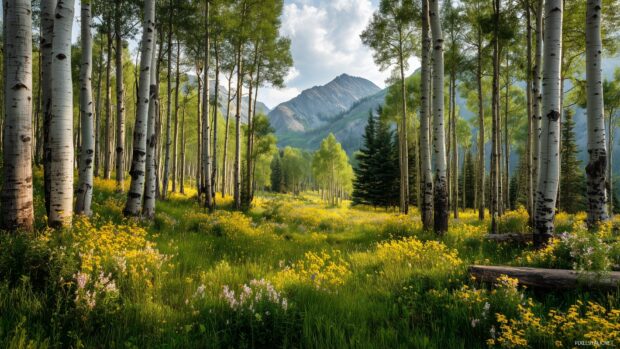 Nature wallpapers aspen trees, An idyllic scene of aspen trees in full bloom with wildflowers at their base.