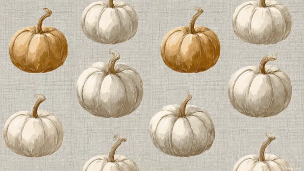 Neutral toned pumpkins spaced evenly with a linen textured backdrop for a rustic feel.