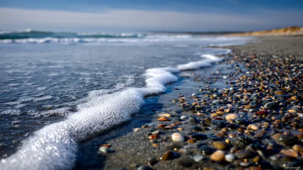 Ocean beach desktop wallpaper depicting gentle surf washing over smooth pebbles with coastal dune in distance.