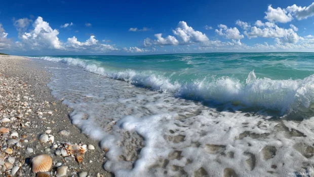 Ocean serenity surrounding a quiet beach with white sand, seashells, and crystal clear waves rolling calmly.