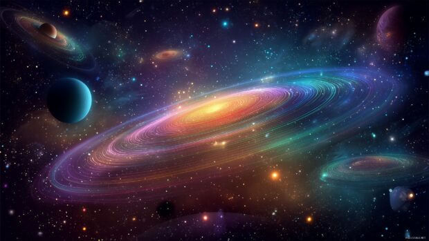 Outer space backgrounds, A vivid depiction of outer space, filled with shimmering constellations and colorful planetary rings.