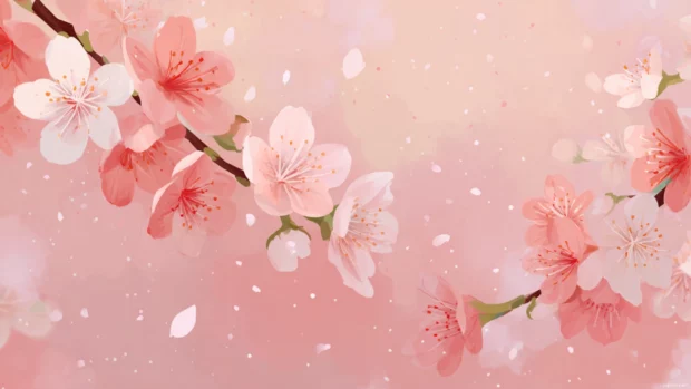 Pastel aesthetic PC background showing delicate cherry blossoms falling against a soft pink wash, tranquil and dreamy.