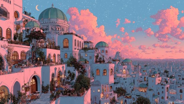 Pastel goth aesthetic wallpapers, Dreamy cityscape at twilight featuring pastel gothic architecture and whimsical details.