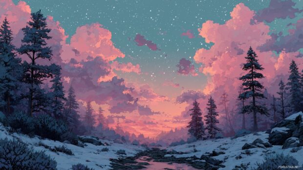 Pastel goth art wallpapers, Dreamlike winter landscape featuring pastel skies, soft snowflakes, and shadowy trees.