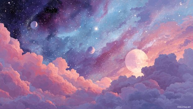 Pastel goth art wallpapers, Surreal cosmic view with swirling pastel galaxies and dreamlike celestial bodies.