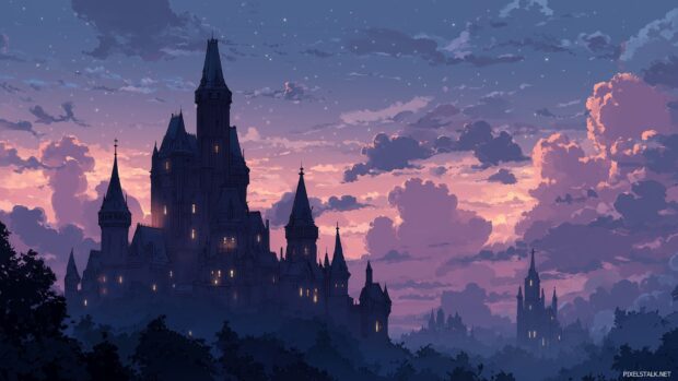 Pastel goth backgrounds for desktop, Gothic castle silhouette at dusk with a pastel sky and enchanting lighting.